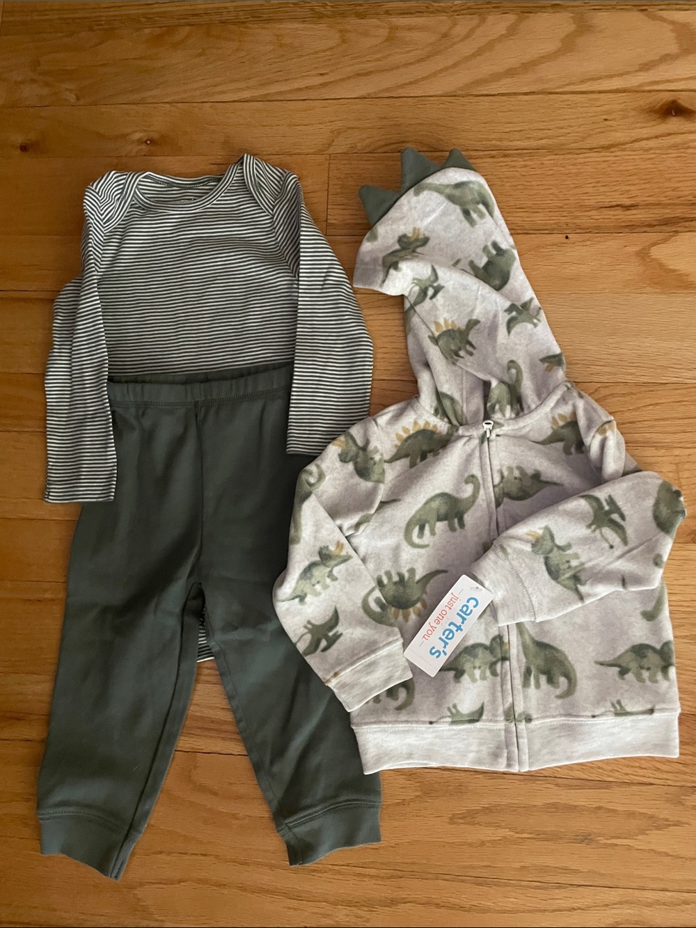 NWT 3-Piece Carter's Green Striped Bodysuit, Olive Pants & Dino Hooded Jacket